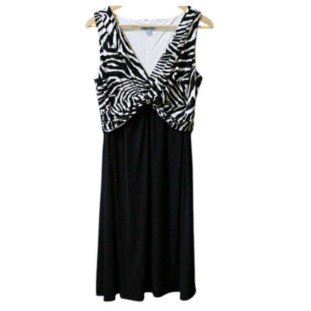 Maggy Boutique Zebra Print Y2K V-Neck Dress 12 Black White Animal Midi Statement